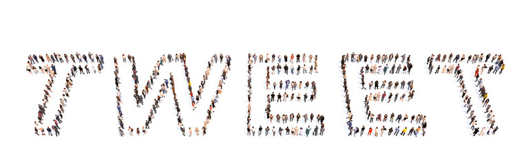 Concept conceptual large community of people forming the word TWEET. 3d illustration metaphor for message, social media, trend, lifestyle, communication, global information, technology and community