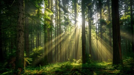 Fototapeta premium Sunbeams Filtering Through a Misty Forest