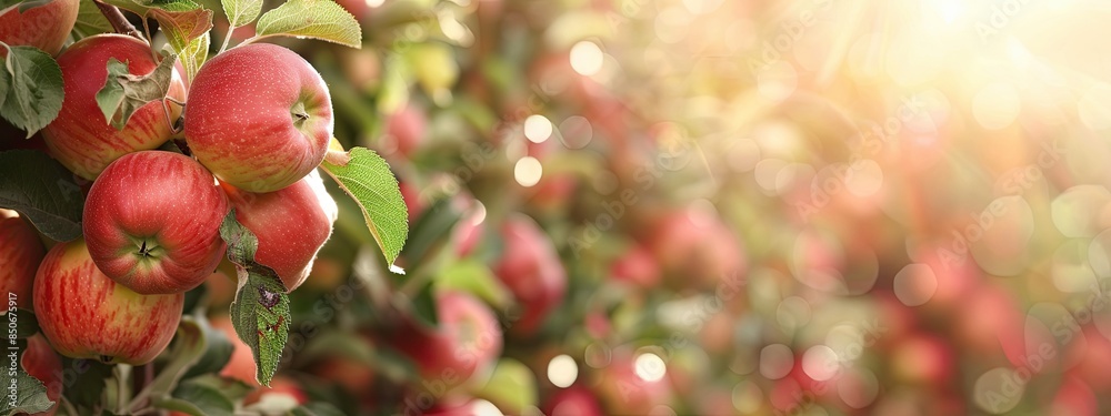 Wall mural Ripe red apples in the garden in bunches on the tree ready to be harvested. - Wall murals