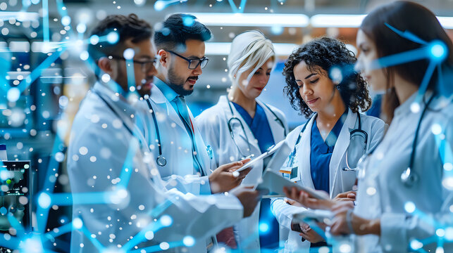 Group of medical professionals discussing patient data with a digital interface overlay, representing modern healthcare technology and teamwork. Ideal for medical, healthcare, and technology themes.