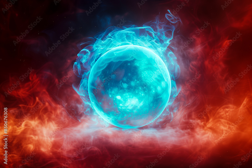 Wall mural blue glowing sphere with plasma energy on dark red background with smoke