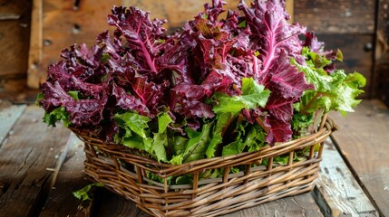 Close-up of red lettuce in a basket with a rustic wooden background
