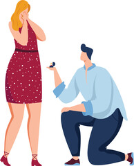 Man proposing marriage surprised woman, engagement ring, couple moment. Woman emotional reaction proposal, man kneeling, presenting ring, love. Illustration, proposal acceptance
