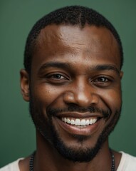 Obraz premium green background studio portrait of smiling handsome black african guy model with clear smooth skin and white teeth
