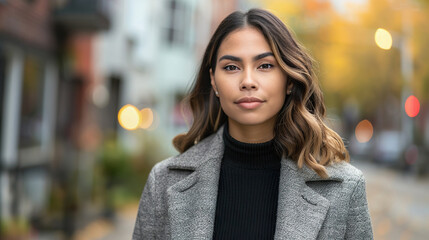 Obraz premium Young Hispanic Woman on Autumn City Street Fashion, Urban, and Seasonal Vibes