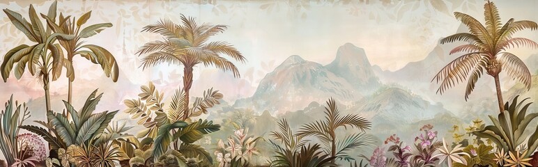 Tropical forest landscape wallpaper design - Mural wallpaper - 3D illustration. AI generated illustration