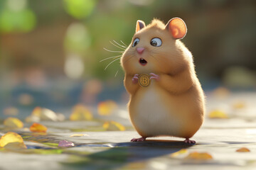 cartoon hamster with a coin, surprised hamster holding bitcoin coin, funny shocked hamster, generative ai