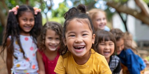 Fototapeta premium Joyful Multicultural Group of Children Playing Outdoors in a School Campus. Happy and Diverse Kids Enjoying Outdoor Activities, AI-Generated High-Resolution Wallpaper