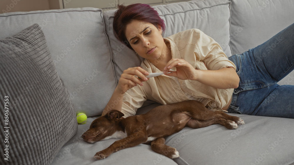 Poster Young caucasian woman checking temperature on couch with her pet dog in a cozy living room at home.