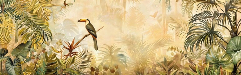 Modern wallpaper. Watercolor jungle illustration. Crane bird elements, watercolor painting wallpaper. Mural wallpaper. AI generated illustration