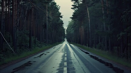 Fototapeta premium The road is empty and between the sides is a pine forest 