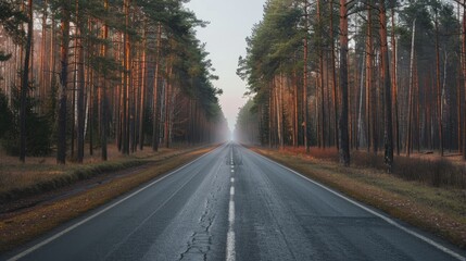 Obraz premium The road is empty and between the sides is a pine forest 