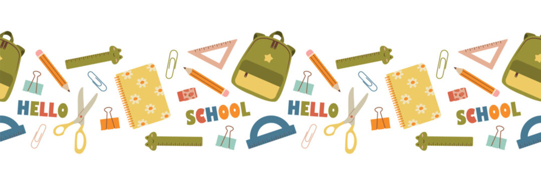 School seamless border. School stationery. Isolated vector illustration, banner, template