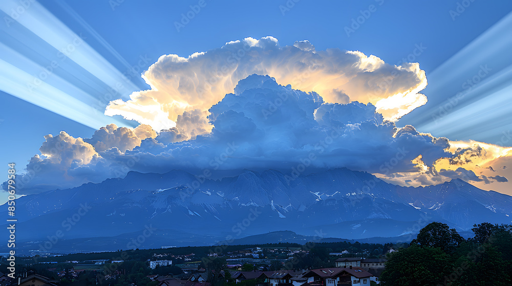 Wall mural beautiful scene of dramatic cloud with mountain and tree