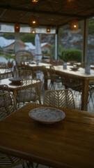 Empty outdoor restaurant with wooden tables, wicker chairs, and decorative plates set in a serene, natural environment with soft lighting and a peaceful ambiance.