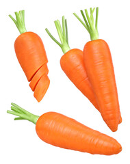 Carrots, halves and pieces isolated, carrot macro studio photo, transparent PNG, PNG format, collection, set