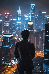 Young businessman looks at the city Sky scrapers Cityscape Entrepreneurship Night city lights. 