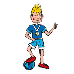 Illustration of a soccer player character with a ball and a golden medal.