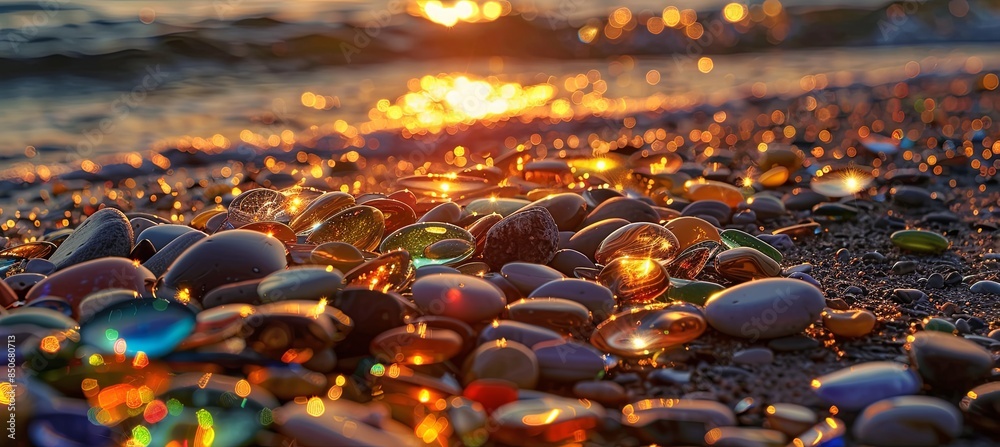 Poster The beach is covered with colorful glass pebbles, sparkling and shining under the setting sun