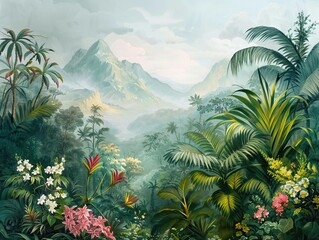Colorful tropical rainforest. palm leaves and other plants. Aloha textile collection. Tropical forest with dense vegetation of trees, shrubs and vines. AI generated illustration