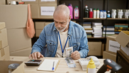 Bald man with beard in denim calculates finances at warehouse workstation surrounded by boxes and office supplies, holding us dollars.