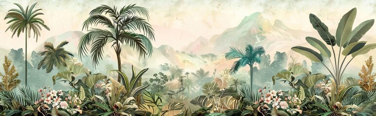 Tropical forest landscape wallpaper design - Mural wallpaper - 3D illustration. AI generated illustration