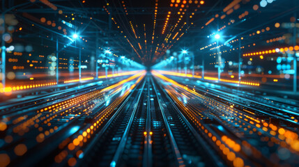 Obraz premium A dynamic representation of a futuristic data highway, featuring vibrant, glowing lights symbolizing fast data transfer and technology.
