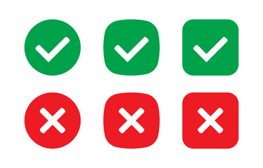 Right or wrong icons. Green tick and red cross checkmarks. Yes or no symbol, approved or rejected icon for user interface.