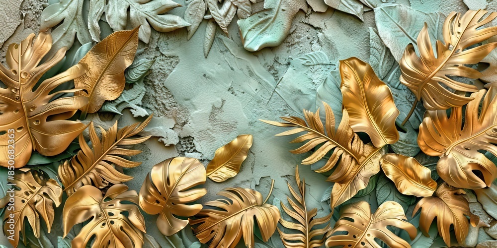 Wall mural Creative nature gold layout made of tropical leaves. Summer concept. Fern Palm and monstera leaf on wall textures. AI generated illustration - Wall murals