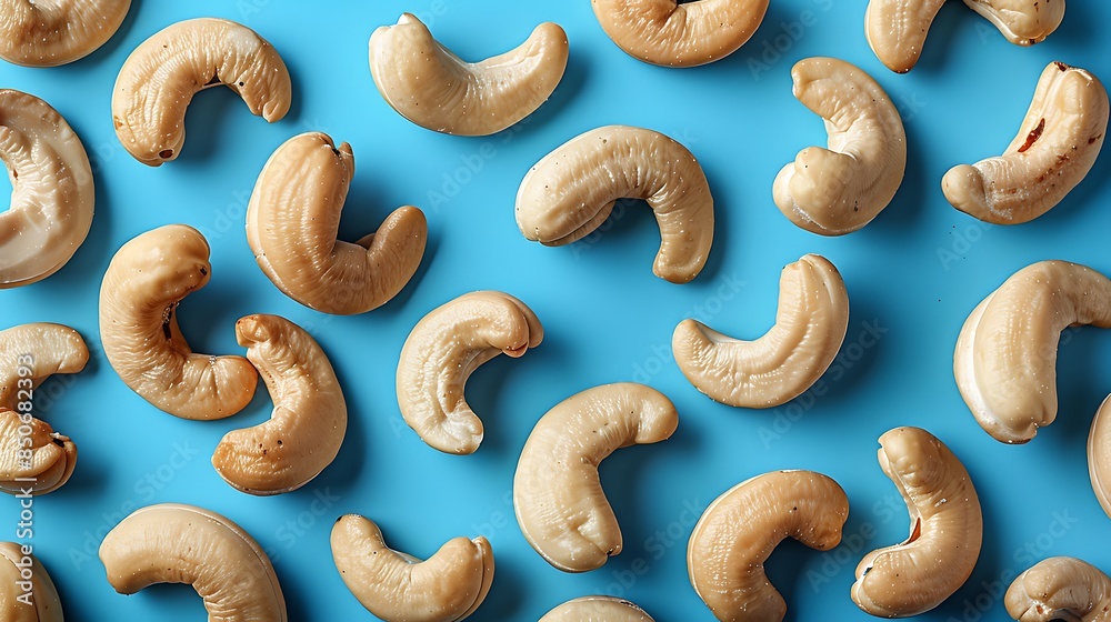Wall mural whole cashews on a bright blue background - Wall murals