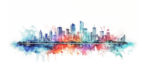 A bright watercolor illustration of skyscrapers on a white background.