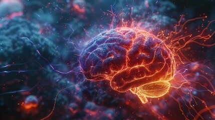 Fototapeta premium Closeup view of the human brain with visible neural pathways and electrical activity