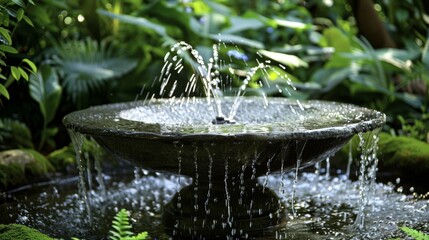 A tranquil garden oasis featuring a solarpowered fountain with gently cascading water.
