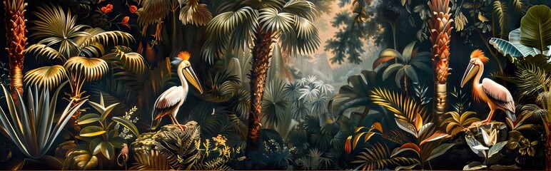 Illustration of tropical wallpaper print design with palm banana leaves and exotic birds on canvas texture. Tropical plants and birds on textured background. AI generated illustration
