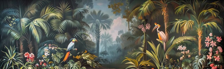 Illustration of tropical wallpaper print design with palm banana leaves and exotic birds on canvas texture. Tropical plants and birds on textured background. AI generated illustration
