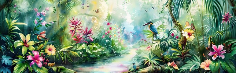 Modern abstract art. Watercolor floral illustration. Golden elements, watercolor painting, children's wallpaper. Hand drawn plants. Tropical, flowers. leaf. AI generated illustration