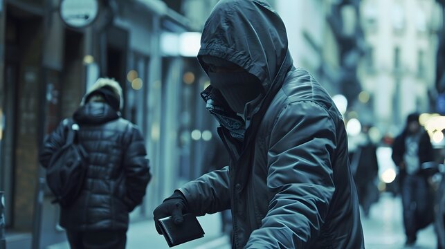 Robbery in action with a thief stealing a wallet from an unsuspecting victim in a busy street