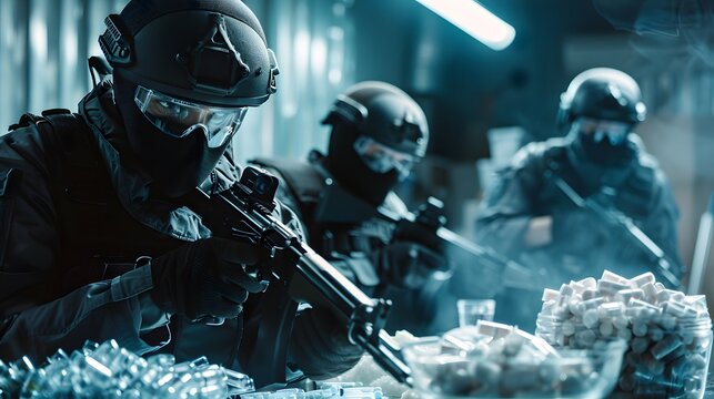 Drug enforcement agents seizing illegal substances during a raid