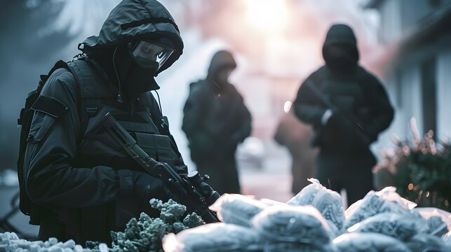 Drug enforcement agents seizing illegal substances during a raid