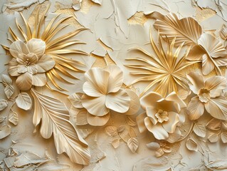 Gold floral plants and palm leaves Wallpaper Mural, 3d illustration, grey background, abstract tropical leaves, banana leaves with 3d lines. AI generated illustration