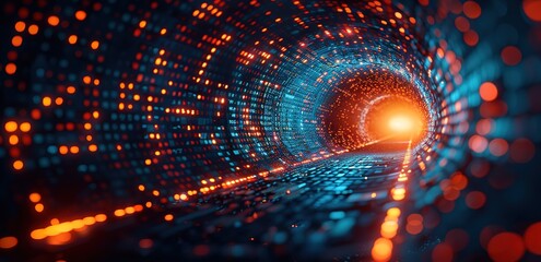 A hallway with flickering orange and blue lights leading to a shining place