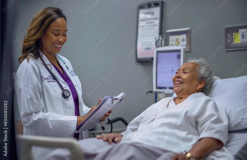 Sticker A nurse in a white coat with purple accents, standing next to an elderly woman lying on a hospital bed smiling and reading medical documents