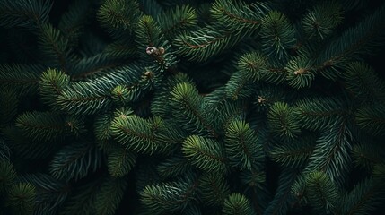 Detailed View of Lush Green Pine Needles on Branches in a Dark Forest. Generative AI