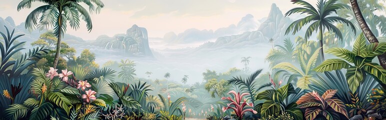 Colorful tropical rainforest. palm leaves and other plants. Aloha textile collection. Tropical forest with dense vegetation of trees, shrubs and vines. AI generated illustration