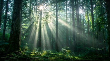 Fototapeta premium Sunbeams Through a Misty Forest