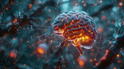 Detailed illustration of the human brain with active neural connections