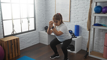 A middle-aged hispanic woman exercises indoors at a gym, performing a squat in a well-equipped sport center.