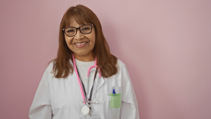 A beautiful mature hispanic woman doctor smiling in a white coat with a stethoscope against a pink isolated background wall.