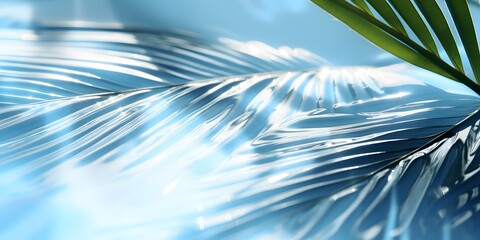 Obraz premium shadow on water surface of Top view of tropical leaf, Shadow of palm leaves on white sand beac, Beautiful abstract background concept banner for summer vacation