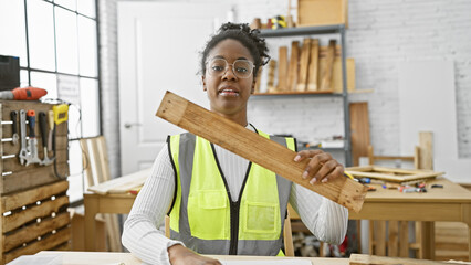 African american woman carpenter holding wood in a workshop environment